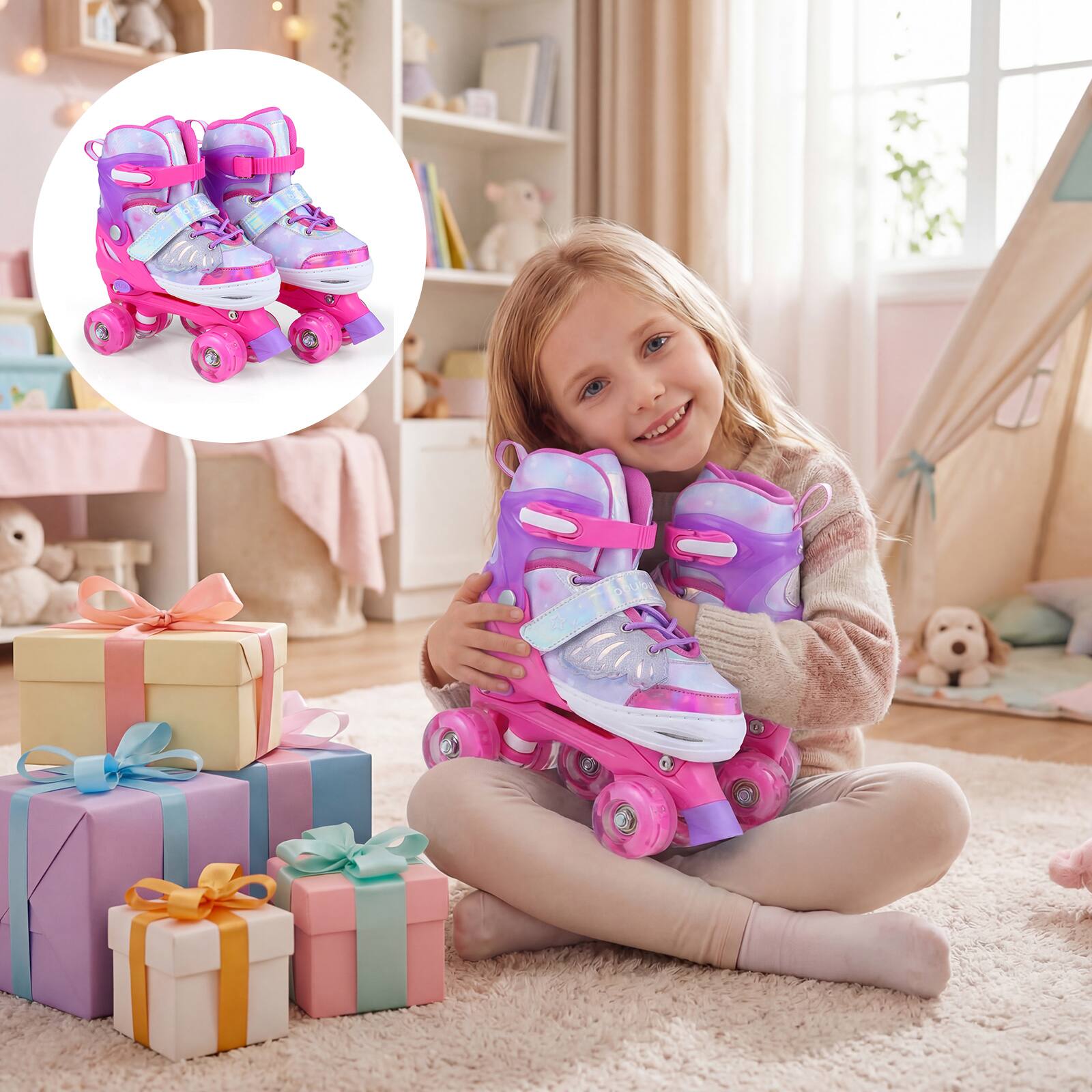 Alt View 3. Costway - Costway Kids Roller Skates 4 Sizes Adjustable Quad Skates with Light-up Wheels for Ages 7-9 - Pink.