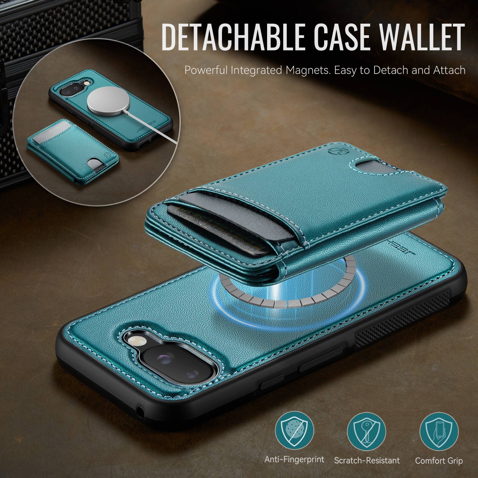 DETACHABLE CASE WALLET  
Powerful Integrated Magnets. Easy to Detach and Attach  

Anti-Fingerprint  
Scratch-Resistant  
Comfort Grip