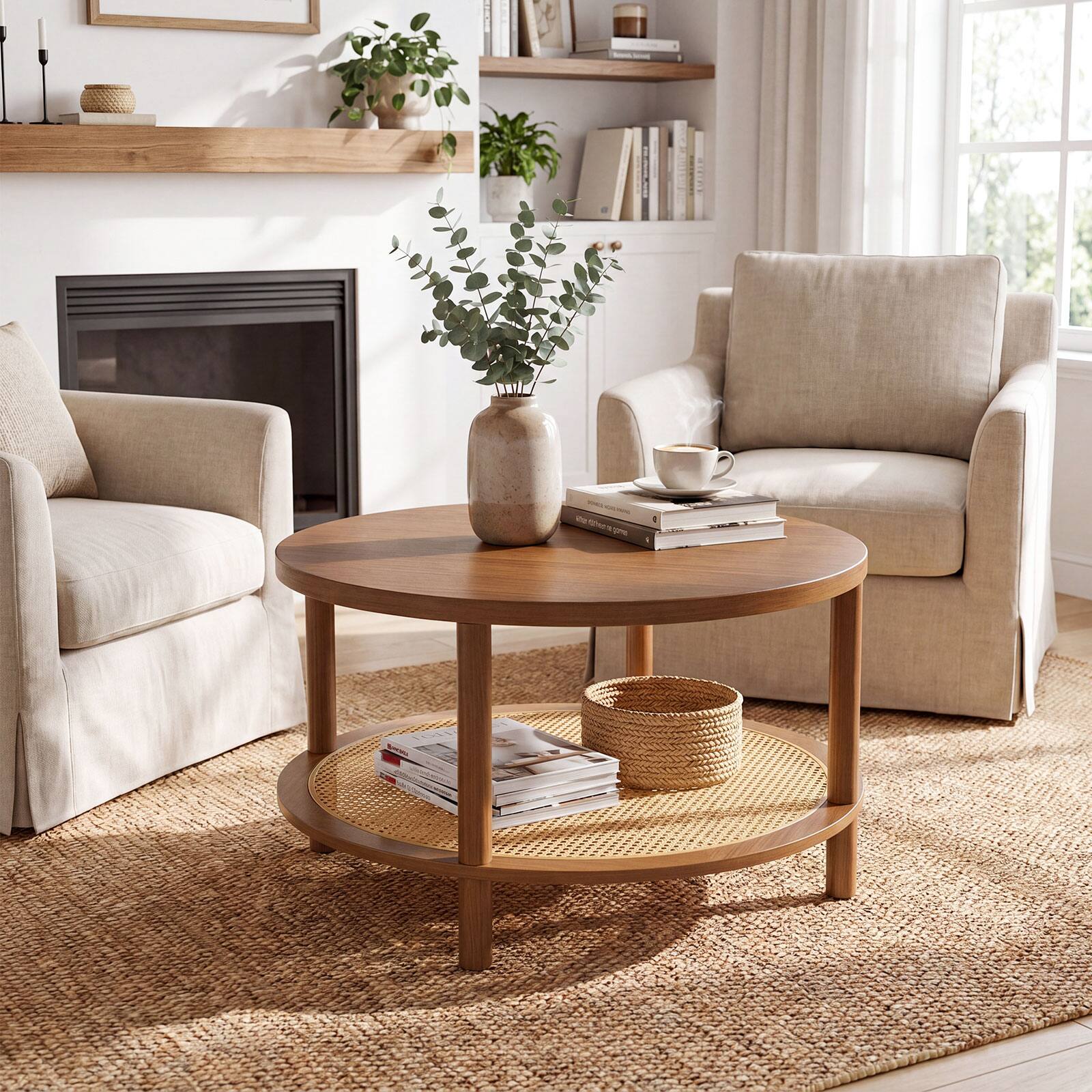 Alt View 4. Costway - Costway 2-Tier Rattan Coffee Table,with Wood Veneered Top and Solid Rubber Wood Legs - Walnut.