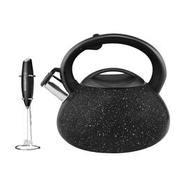 Luminuxe - Whistling Tea Kettle & Milk Frother Set, 2.4qt Stainless Steel Whistling Tea Kettle & Handheld Frother, Foam Maker - Marble Black