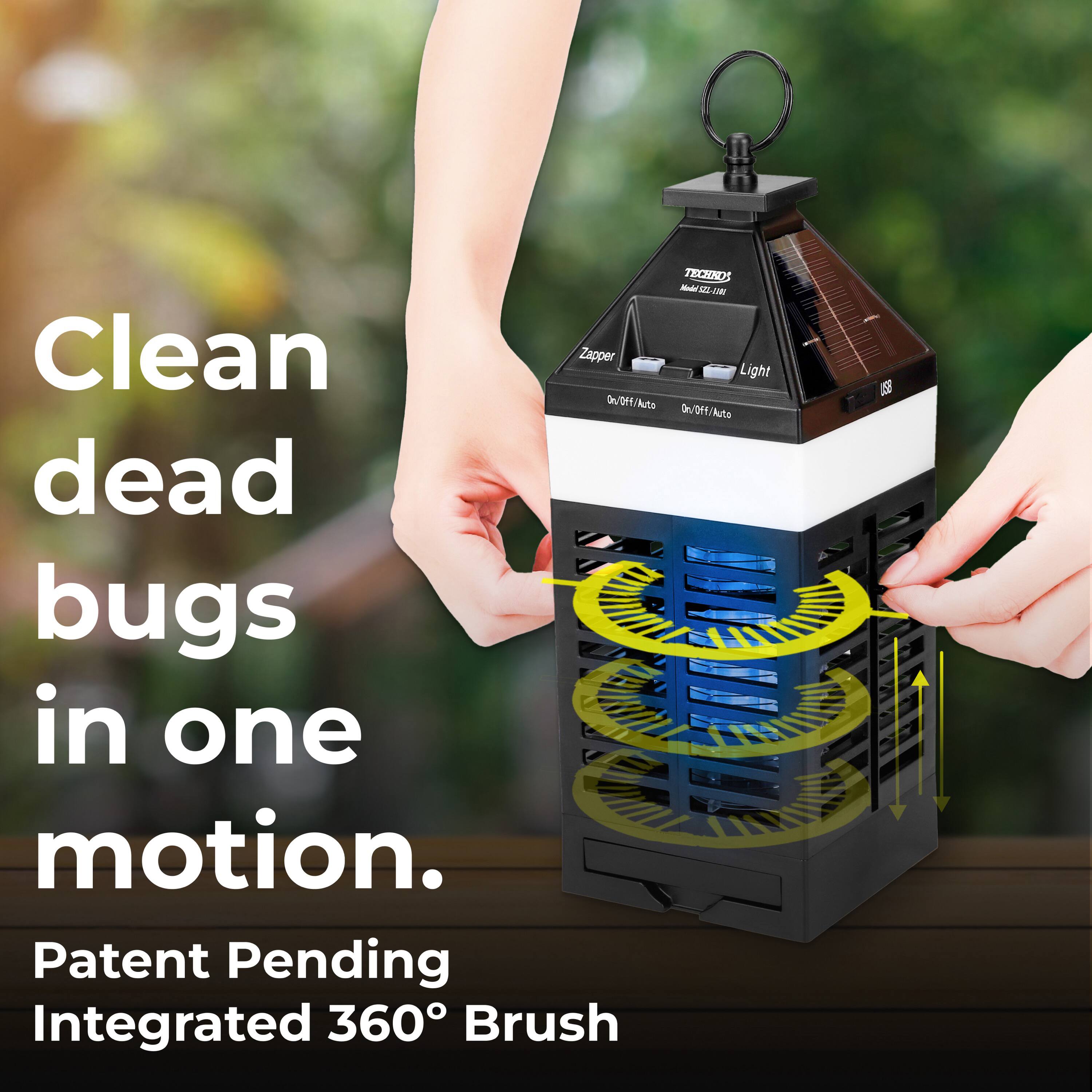 TECWNOS - S - DN Clean Zapper Light On/Off/Auto On/Off/Auto Clean dead bugs in one motion. Patent Pending Integrated 360° Brush.