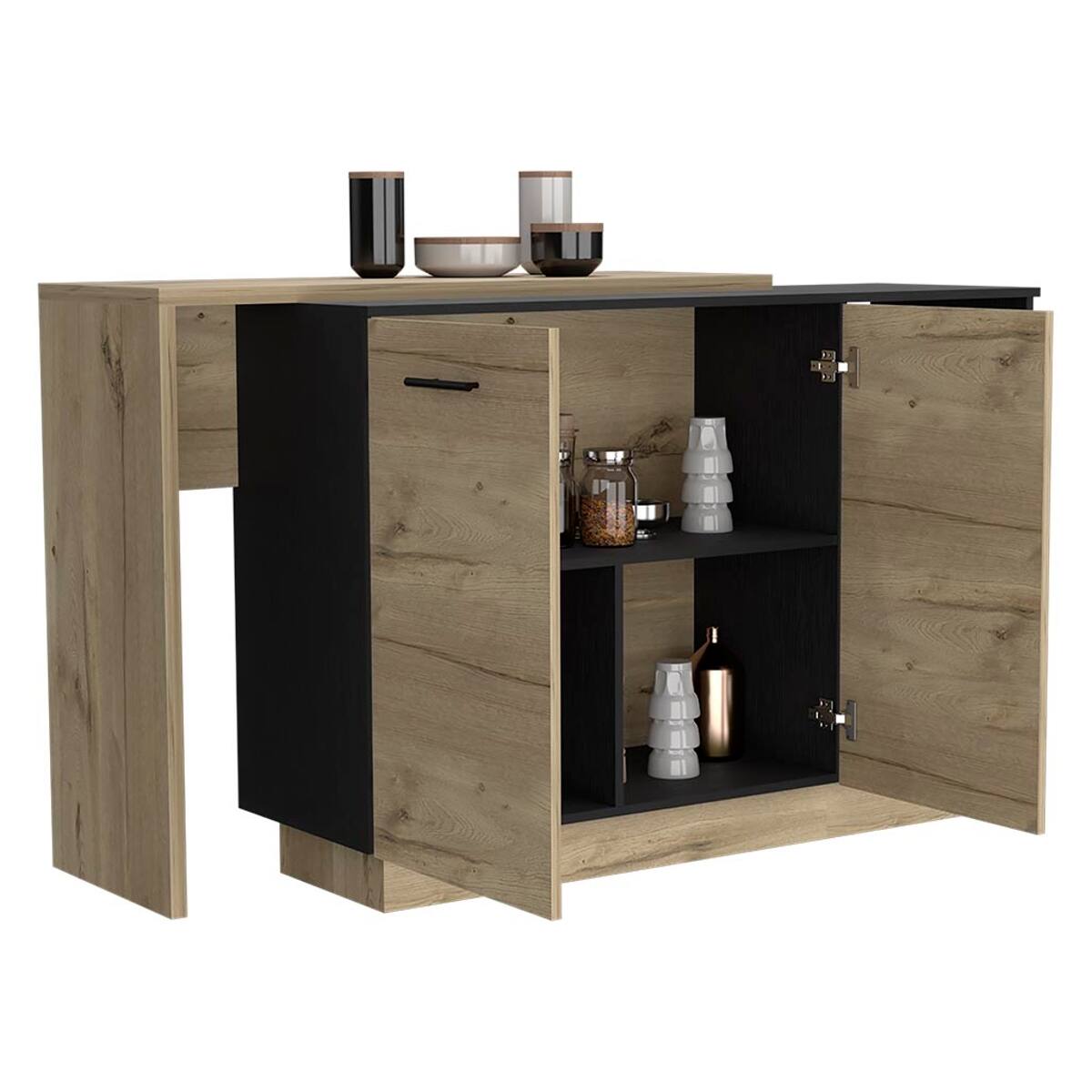 Alt View 3. Loheer - Loheer Black and Light Oak Kitchen Island with Storage Double Door Cabinets and Shelves - Black and Light Oak.