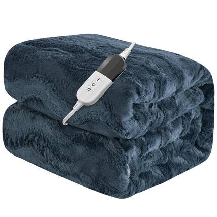 Front. Alchemy Casas - Heated Blanket Size Warm Soft Faux Rabbit Electric With 6 Heating Levels 10 Hours Auto off Fast Over heat - Navy Blue Twin.