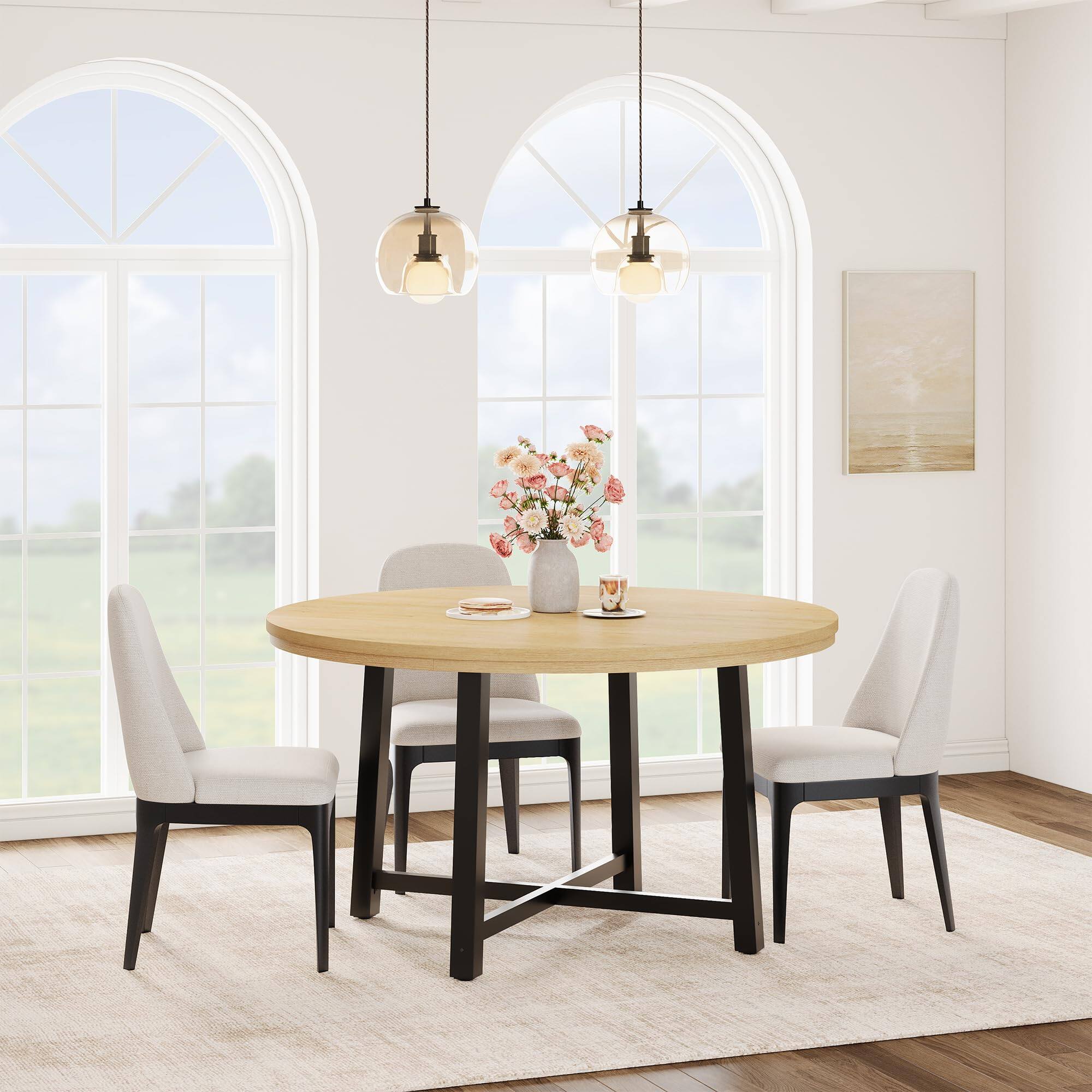 Front. Acekool - 47" Round Dining Table for 4, Modern Industrial Kitchen Table with Thick Tabletop & Sturdy Metal Base - Natural.