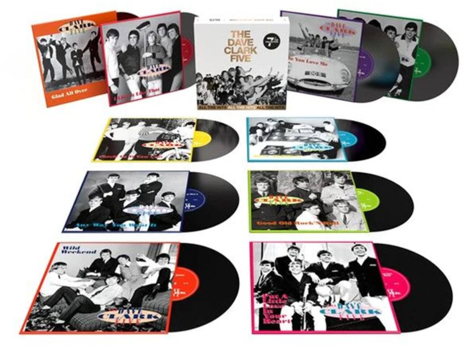 Sure, here is the corrected and grouped text from the image:

1. **Album Covers:**
   - "THE DAVE CLARK FIVE"
   - "Good All Over"
   - "Love Me"
   - "Wild Weekend"
   - "The Dave Clark Five"
   - "The Dave Clark Five"
   - "The Dave Clark Five"
   - "The Dave Clark Five"
   - "The Dave Clark Five"
   - "The Dave Clark Five"
   - "The Dave Clark Five"
   - "The Dave Clark Five"
   - "The Dave Clark Five"
   - "The Dave Clark Five"
   - "The Dave Clark Five"
   - "The Dave Clark Five"
   - "The Dave Clark Five"
   - "The Dave Clark Five"
   - "The Dave Clark Five"
   - "The Dave Clark Five"
   - "The Dave Clark Five"
   - "The Dave Clark Five"
   - "The Dave Clark Five"
   - "The Dave Clark Five"
   - "The Dave Clark Five"
   - "The Dave Clark Five"
   - "The Dave Clark Five"
   - "The Dave Clark Five"
   - "The Dave Clark Five"
   - "The Dave Clark Five"
   - "The Dave Clark Five"
   - "The Dave Clark Five"
   - "The Dave Clark Five"
   - "The Dave Clark Five"
   - "The Dave Clark Five"
   - "The Dave Clark Five"
   - "The Dave Clark Five"
   - "The Dave Clark Five"
   - "The Dave Clark Five"
   - "The Dave Clark Five"
   - "The Dave Clark Five"
   - "The Dave Clark Five"
   - "The Dave Clark Five"
   - "The Dave Clark Five"
   - "The Dave Clark Five"
   - "The Dave Clark Five"
   - "The Dave Clark Five"
   - "The Dave Clark Five"
   - "The Dave Clark Five"
   - "The Dave Clark Five"
   - "The Dave Clark Five"
   - "The Dave Clark Five"
   - "The Dave Clark Five"
   - "The Dave Clark Five"
   - "The Dave Clark Five"
   - "The Dave Clark Five"
   - "The Dave Clark Five"
   - "The Dave Clark Five"
   - "The Dave Clark Five"
   - "The Dave Clark Five"
   - "The Dave Clark Five"
   - "The Dave Clark