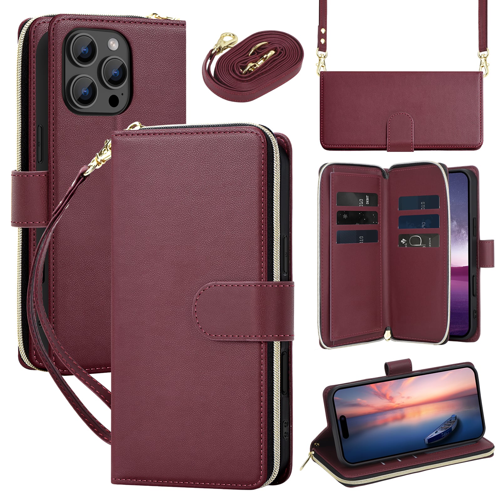 Dteck - Crossbody Wallet Case for Apple iPhone 16 Pro Max, Shockproof Zipper Pocket PU Leather Folio Cover with 9 Card Slots - Winered