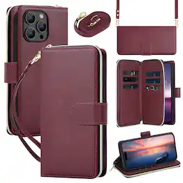 Dteck - Crossbody Wallet Case for Apple iPhone 16 Pro Max, Shockproof Zipper Pocket PU Leather Folio Cover with 9 Card Slots - Winered