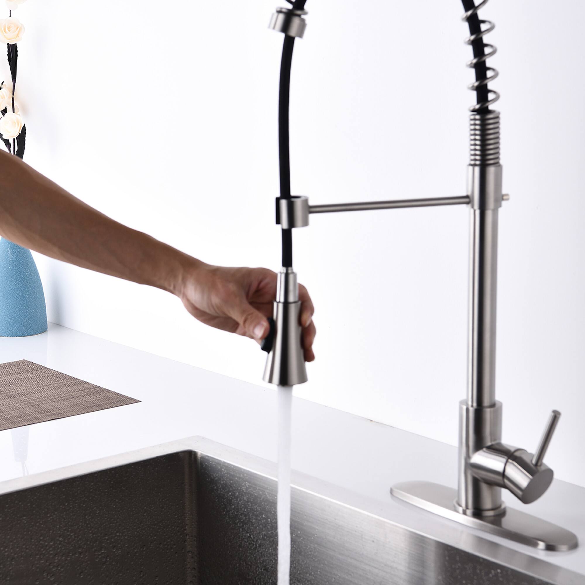 Alt View 4. Siljoy - Brushed Nickel Single Handle Commercial Modern Spring High Arc Kitchen Faucet Water Filter System Bends as You Want - Brushed Nickel.