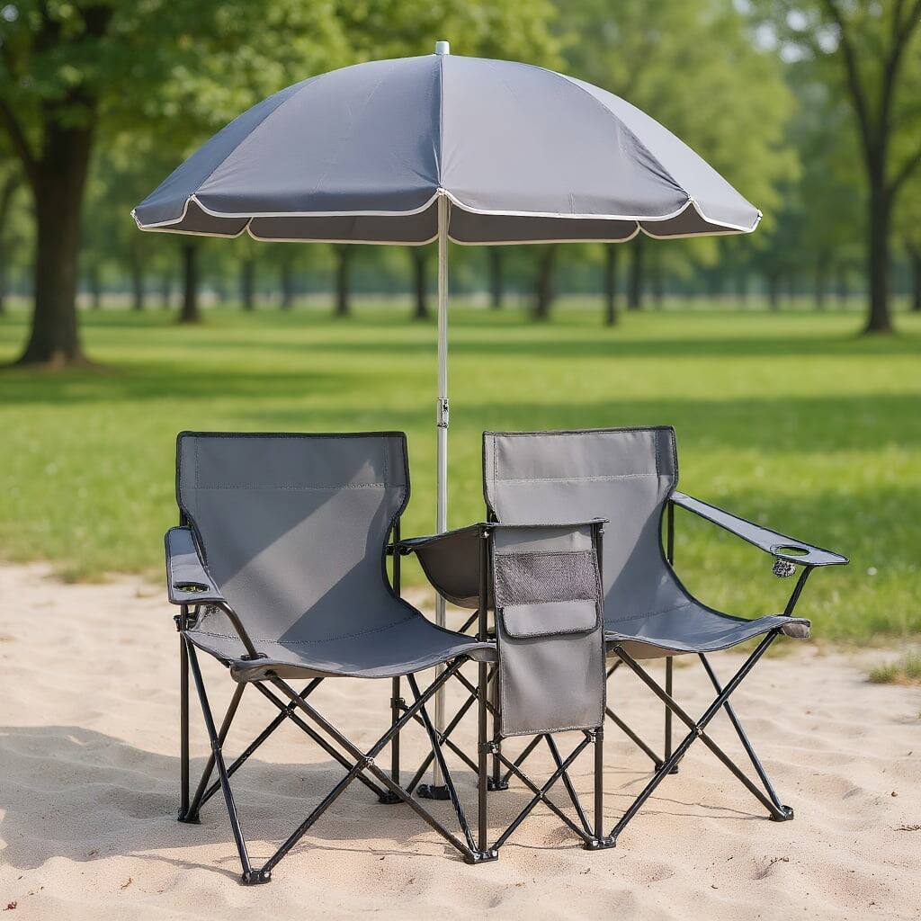 Kadyn - Portable Folding Picnic Double Chair With Umbrella-，Portable Folding Picnic Chair for Beach, Camping - Gray