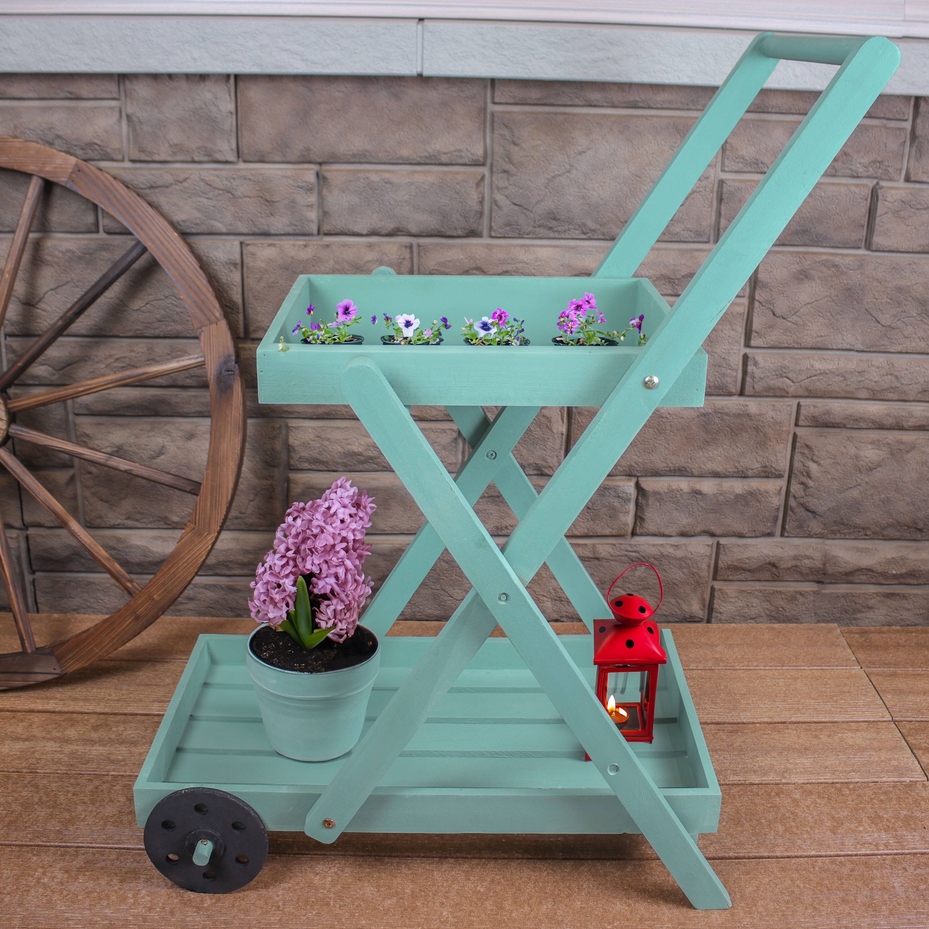 Alt View 5. Sunnydaze - 2-Tier Fir Wheeled Planter Stand - Robin Egg Blue.