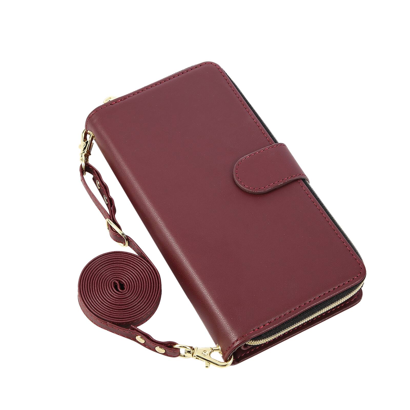 Alt View 3. Dteck - Crossbody Wallet Case for Apple iPhone 17 Pro Max, Shockproof Zipper Pocket PU Leather Folio Cover with 9 Card Slots - Winered.