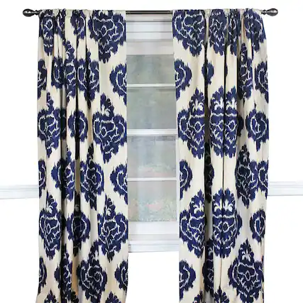 Front. RLF Home - RLF Home Flame Large Damask Flame Design Pair Of Lined Panels 3" Rod Pocket (Pair) 100" x 63" Navy Blue/Ivory - Navy blue ivory.