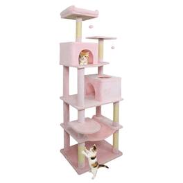 Costway - 70" Cat Tree for Indoor Cats with Padded Top Perch, Dual Condos, Hammock, Platforms - Pink