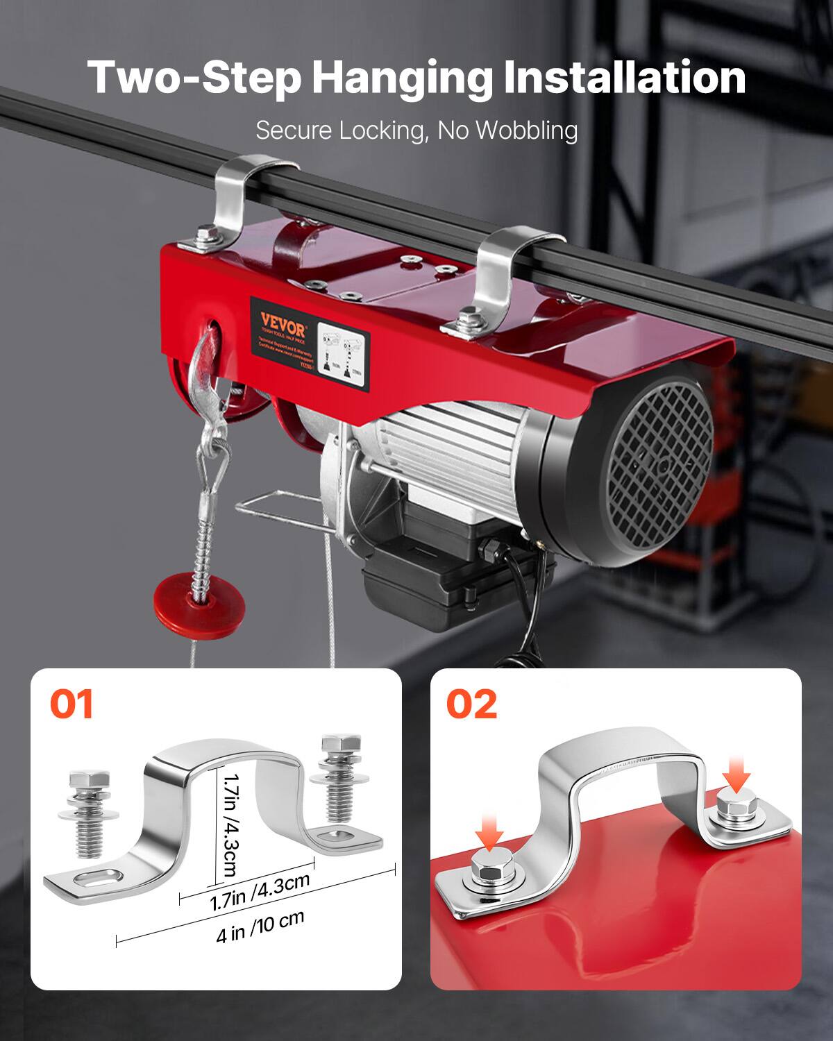 Two-Step Hanging Installation  
Secure Locking, No Wobbling

VEVOR

01  
02

1.7in / 4.3cm  
1.7in / 10 cm  
4 in