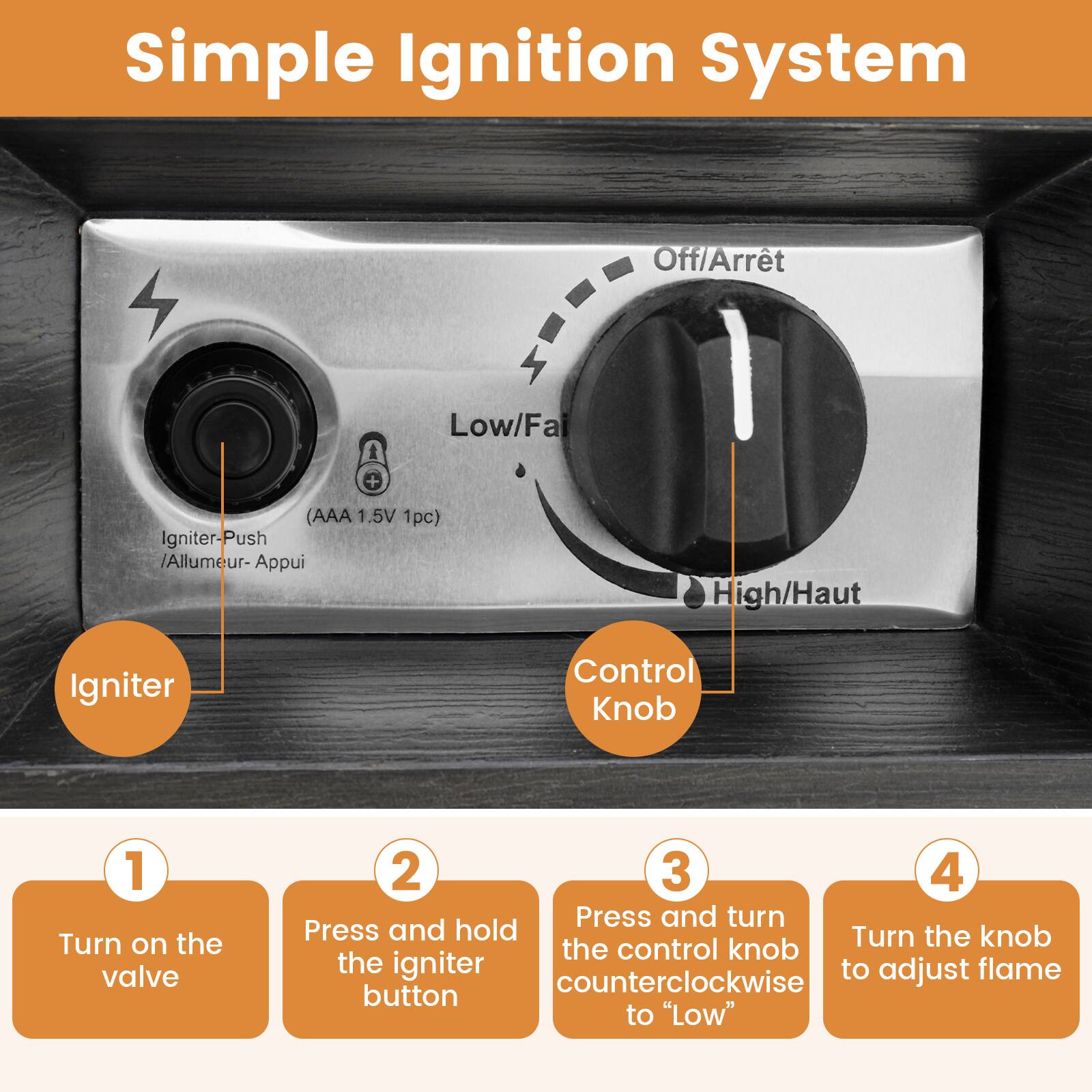 Simple Ignition System

Off/Arret Low/Fal (AAA 1.5V 1pc) Igniter-Push Allumeur- Appui High/Haut

1. Turn on the valve
2. Press and hold the igniter button
3. Press and turn the control knob counterclockwise to "Low"
4. Turn the knob to adjust flame