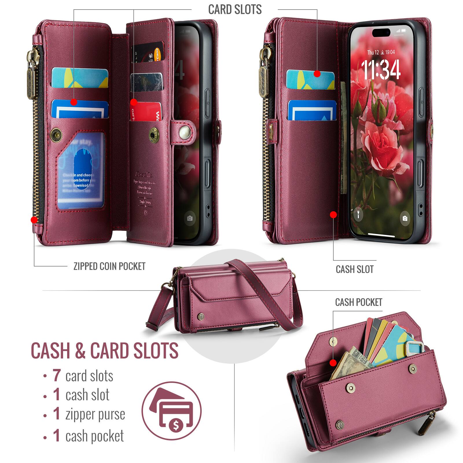 CARD SLOTS 4  
Thu 12 A 19:04  
11:34  
CIN w stay  
Chack . and heo am Dettore gwsiend Rrte  
epoalerk herd - Ls f i &  

ZIPPED COIN POCKET  
CASH SLOT  
CASH POCKET  

CASH & CARD SLOTS  
- 7 card slots  
- 1 cash slot  
- 1 zipper purse  
- 1 cash pocket