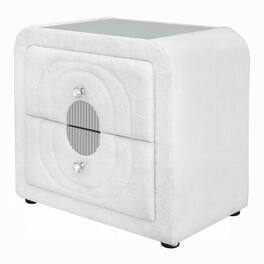 Manhattan Lane - Kery Glass Top Nightstand, 2 Drawers, Teddy Sherpa Upholstery - White, Chrome, Black