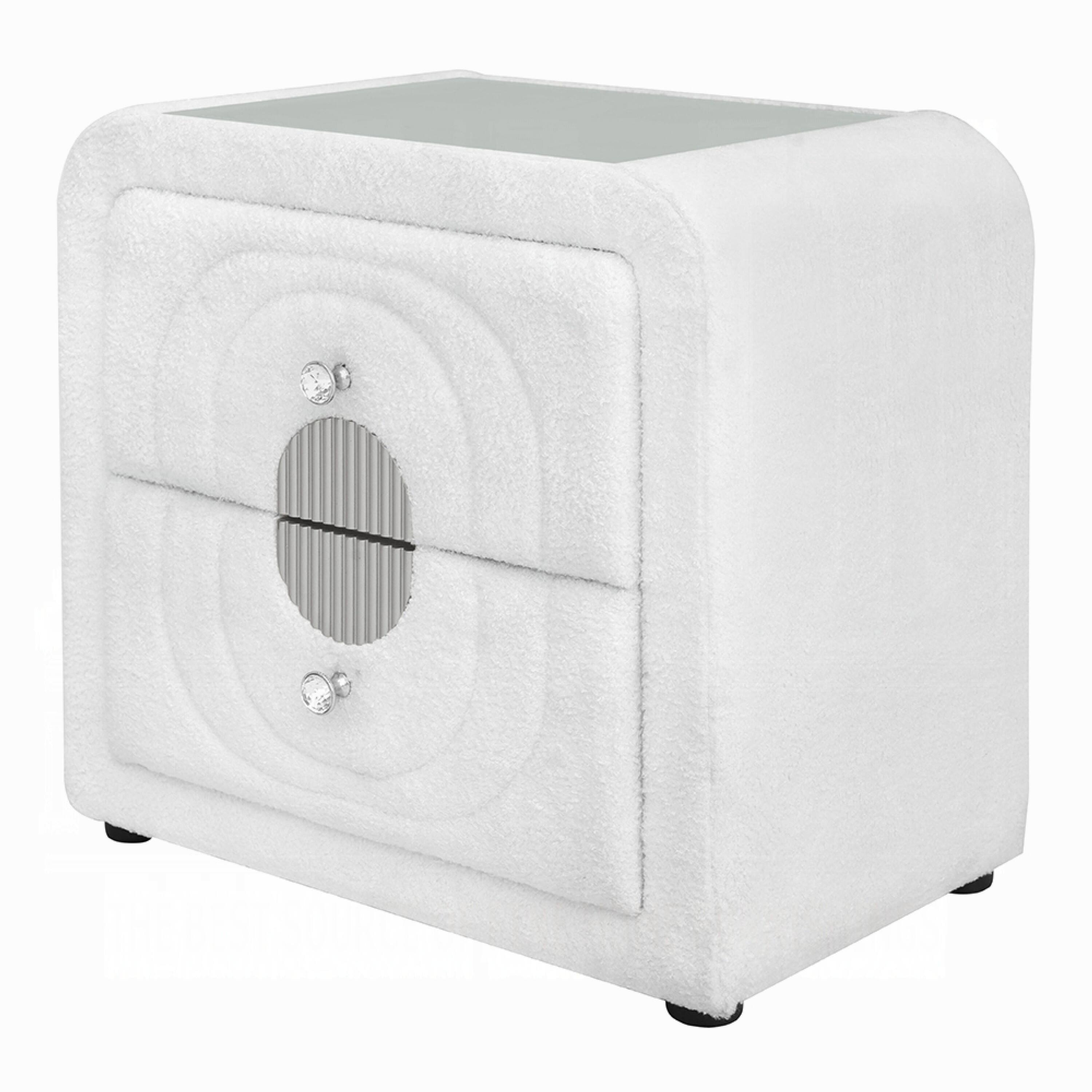 Front. Manhattan Lane - Kery Glass Top Nightstand, 2 Drawers, Teddy Sherpa Upholstery - White, Chrome, Black.