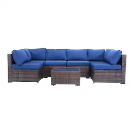 Yardgrace - 7-Piece Wicker Outdoor Furniture Conversation Set with Thick Cushions and Coffee Table - Blue