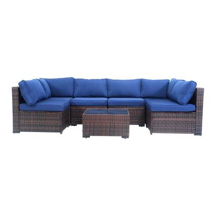 Front. Yardgrace - 7-Piece Wicker Outdoor Furniture Conversation Set with Thick Cushions and Coffee Table - Blue.