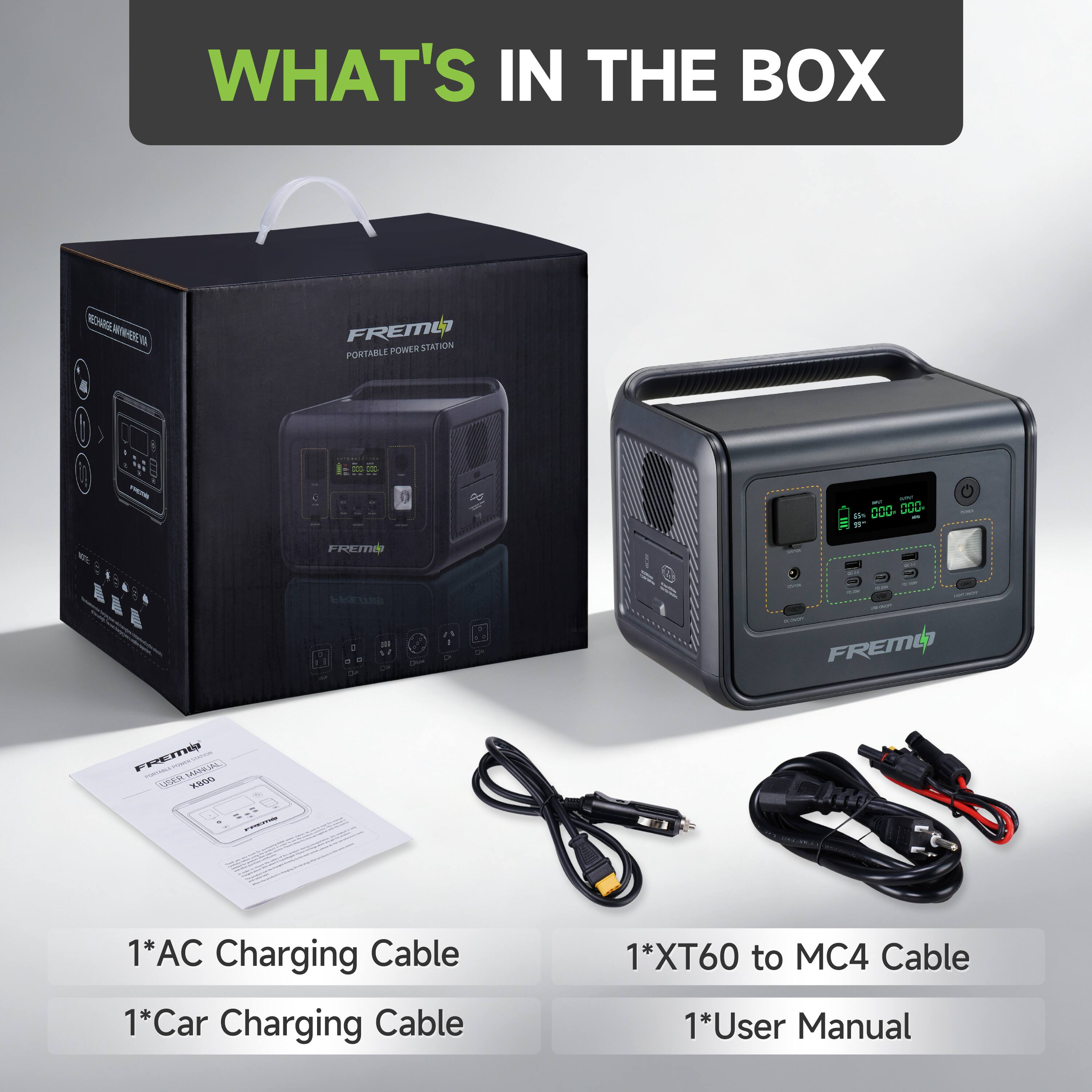 WHAT'S IN THE BOX

- 1*AC Charging Cable
- 1*Car Charging Cable
- 1*XT60 to MC4 Cable
- 1*User Manual