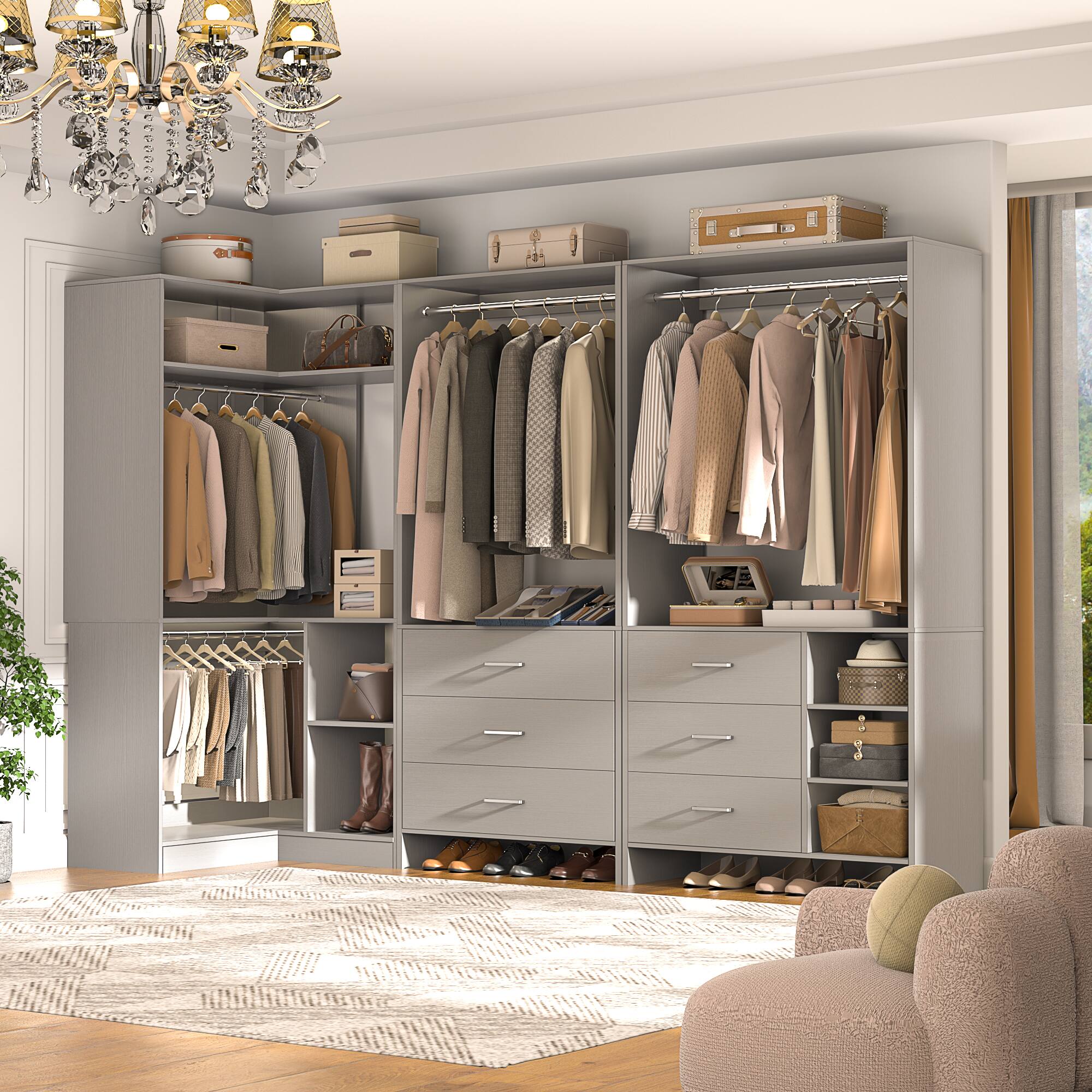 Left. Aheaplus - L Shaped Closet System with 6 Drawers, 4 Hanging Rods, and Corner Tower, 80.9'' Corner Wardrobe System, Reversible - Gray.
