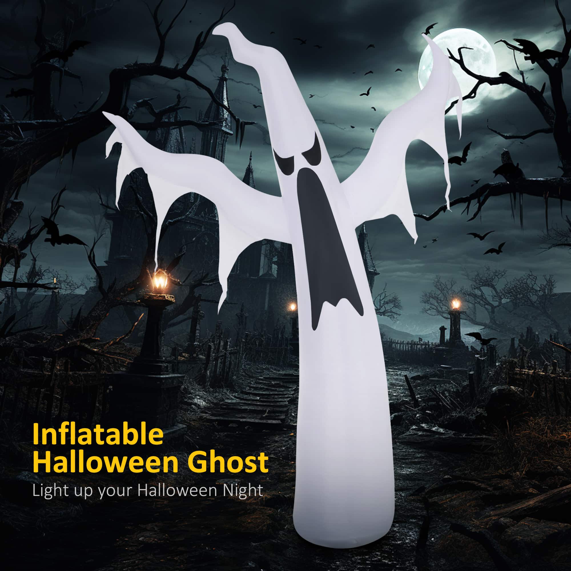 Jandcase - Halloween Inflatable Ghost Outdoor Decoration with LED Light, Light Up Blow Up Yard Decor for Lawn Garden Party - White