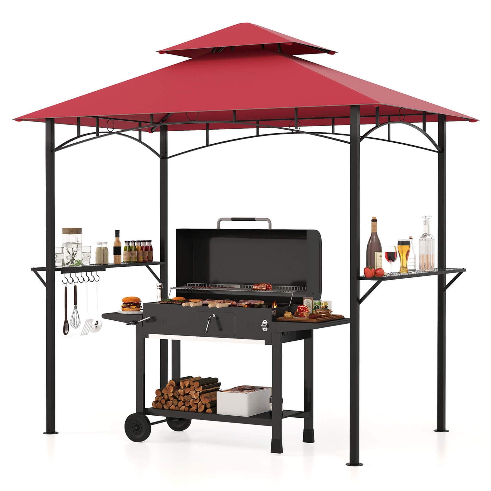Front. Costway - Costway 8' x 5' Grill Gazebo with 2 Shelves 7 Hooks Metal Frame Soft Top - Wine.