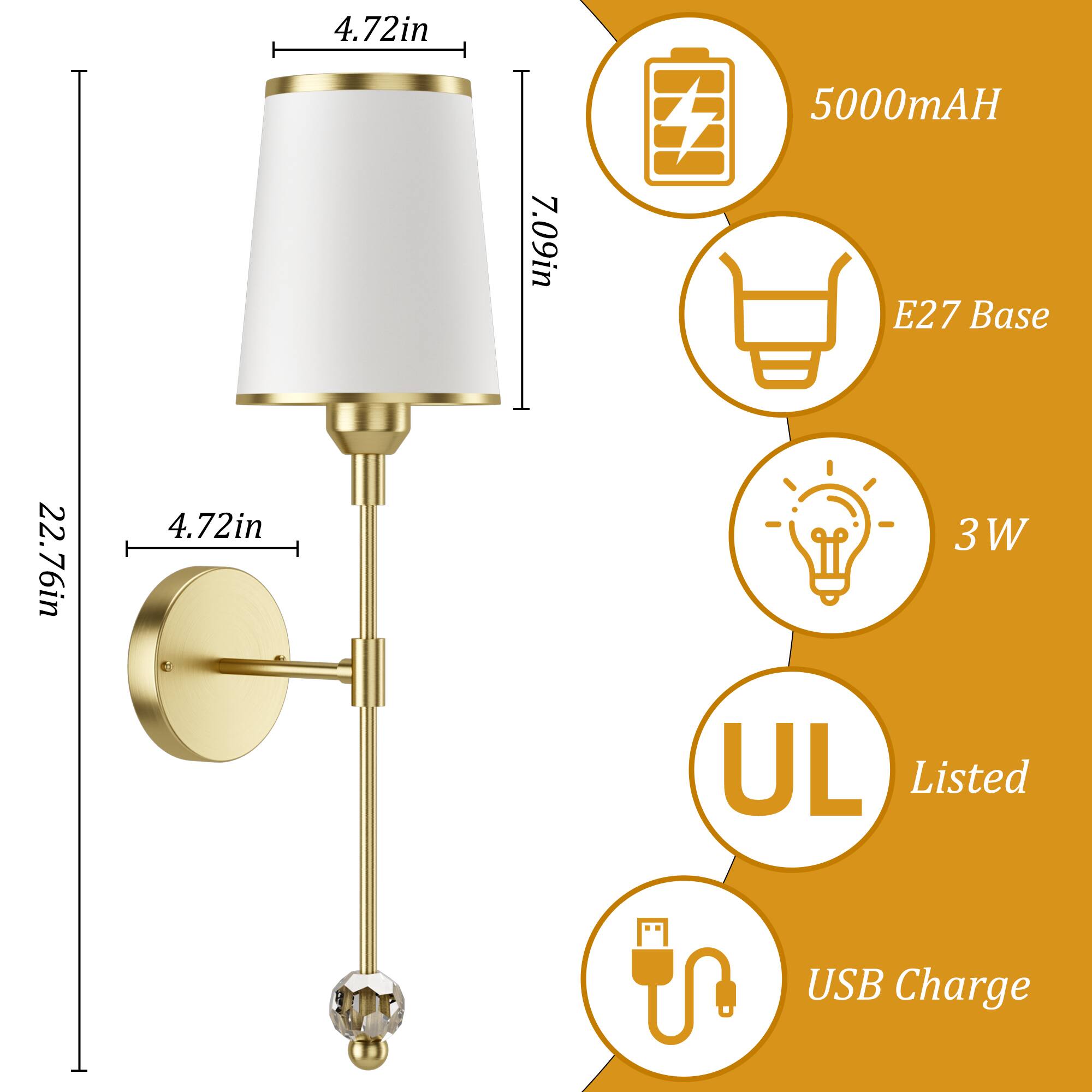 4.72in  
5000mAH  
7.09in  
E27 Base  
22.76in  
4.72in  
3W  
UL Listed  
USB Charge