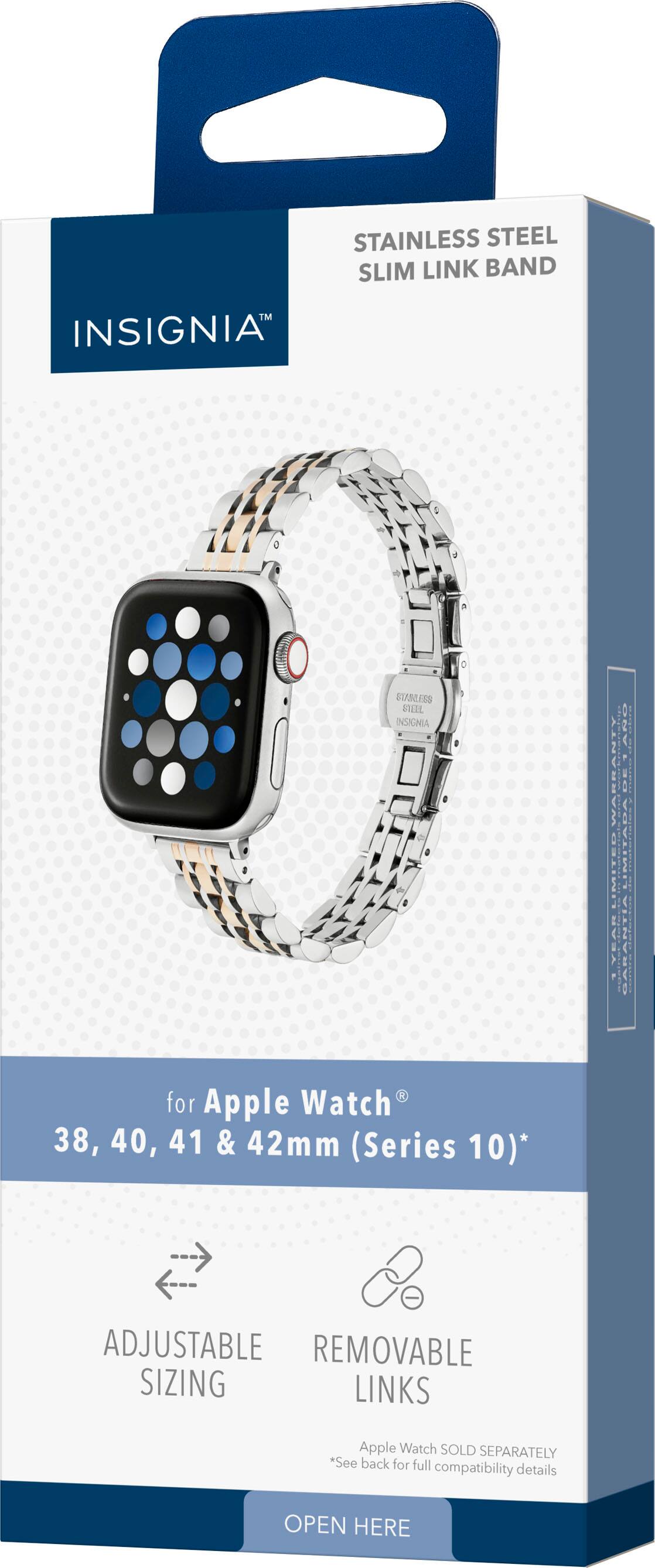 Insignia Stainless Steel Slim Link Band for Apple Watch 38, 40, 41 & 42mm (Series 10) *Adjustable Removable Sizing Links *Apple Watch Sold Separately *See back for full compatibility details *Open Here