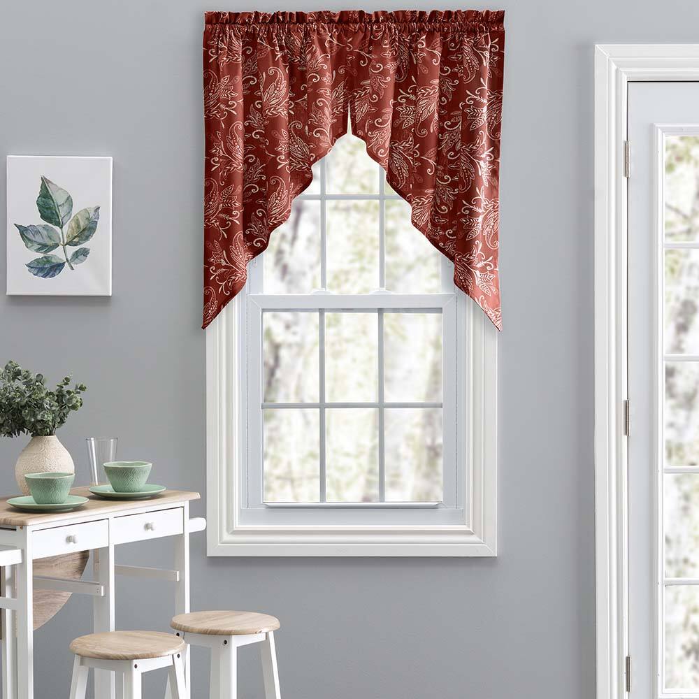 Ellis Curtain - Lexington Leaf Pattern on Colored Ground Tailored Swags 56"x36" - Brick