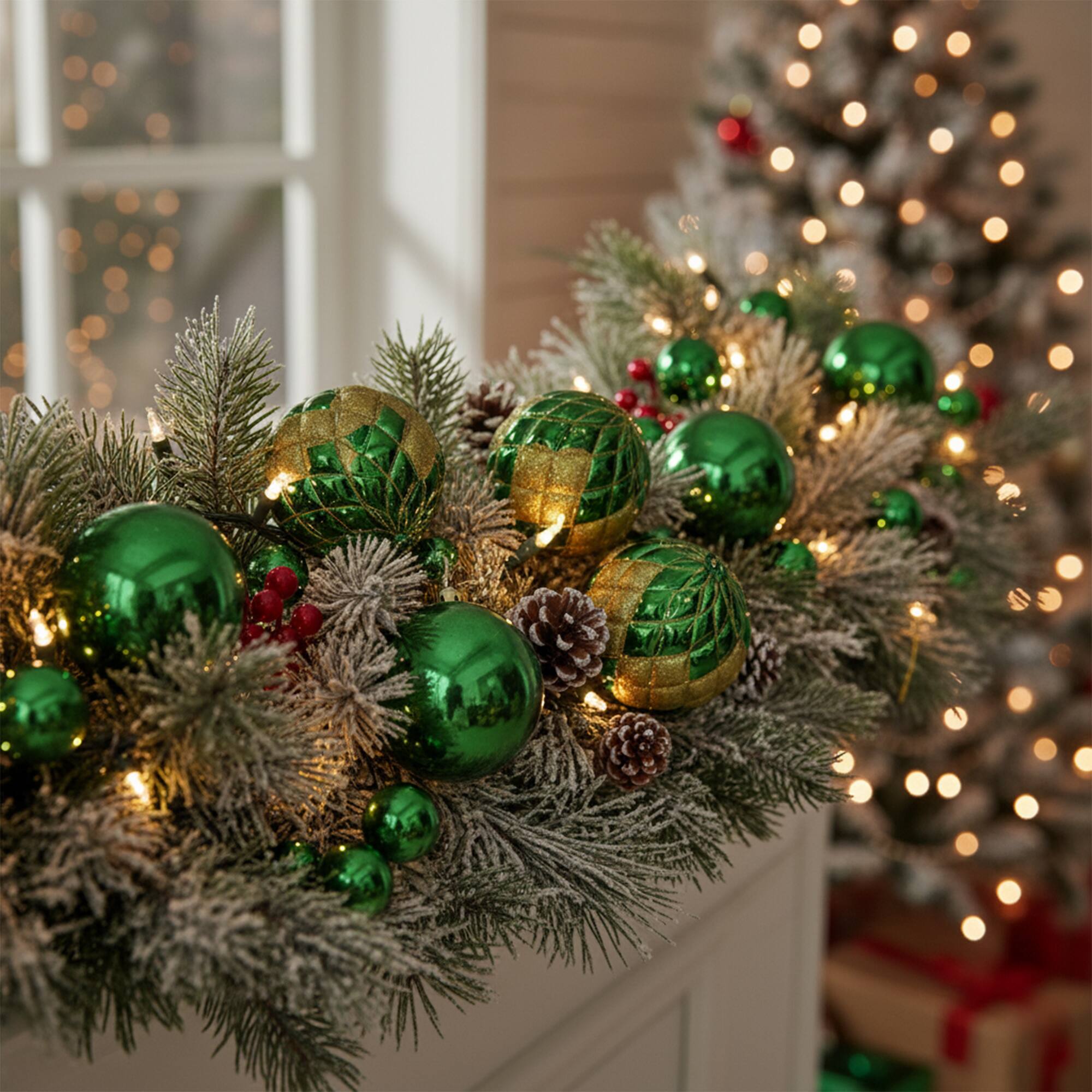 Alt View 1. Northlight - 6' Shiny Green Shatterproof Christmas Ball Garland with Gold Glitter Accents - Green.