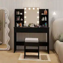 WELLFOR - Vanity Desk Set with Mirror and Lights, Makeup Vanity Table with Stool& Charging Station, Modern Vanity Dressing Table - Black
