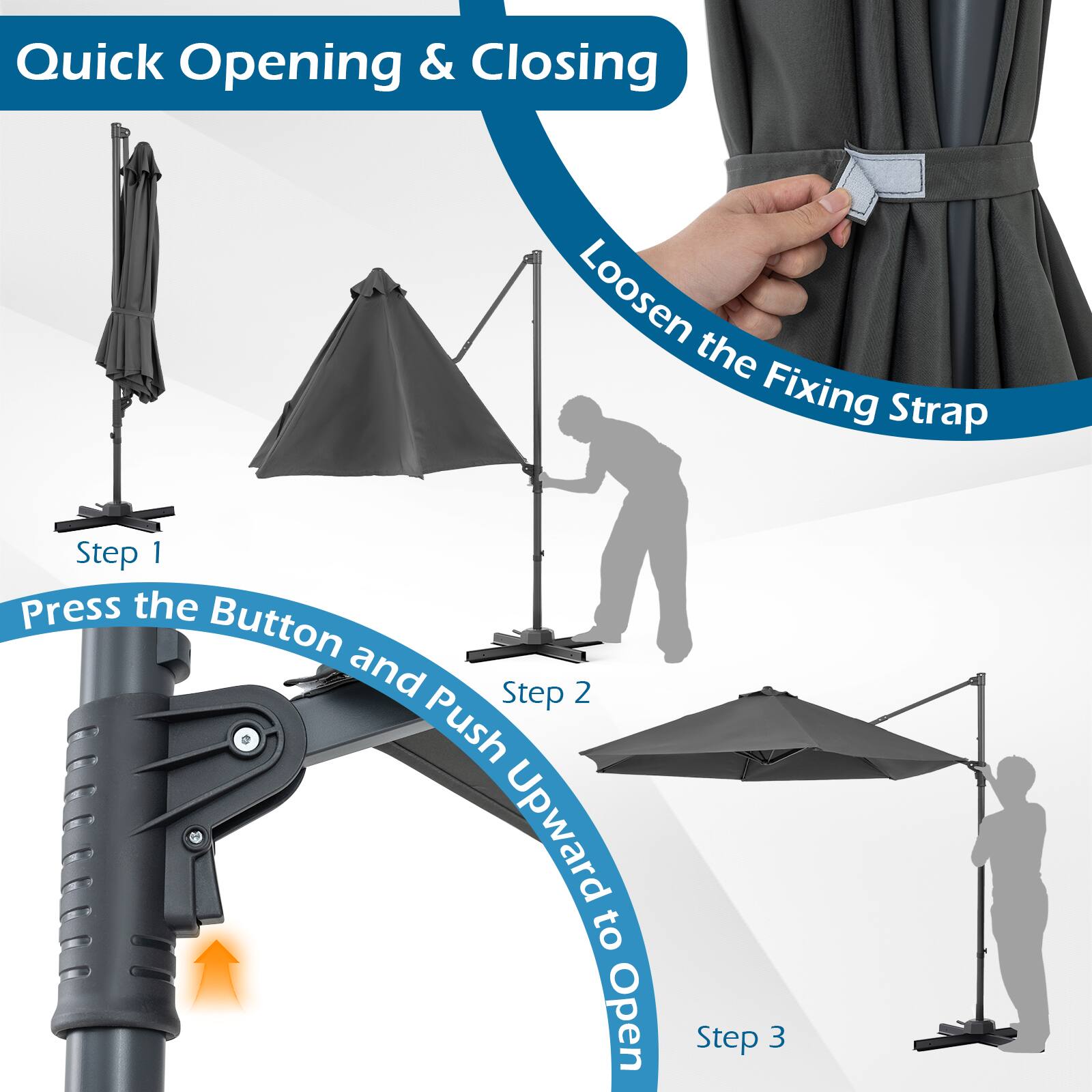 Quick Opening & Closing

1. Loosen the Fixing Strap
2. Press the Button and Push Upward to Open
3.