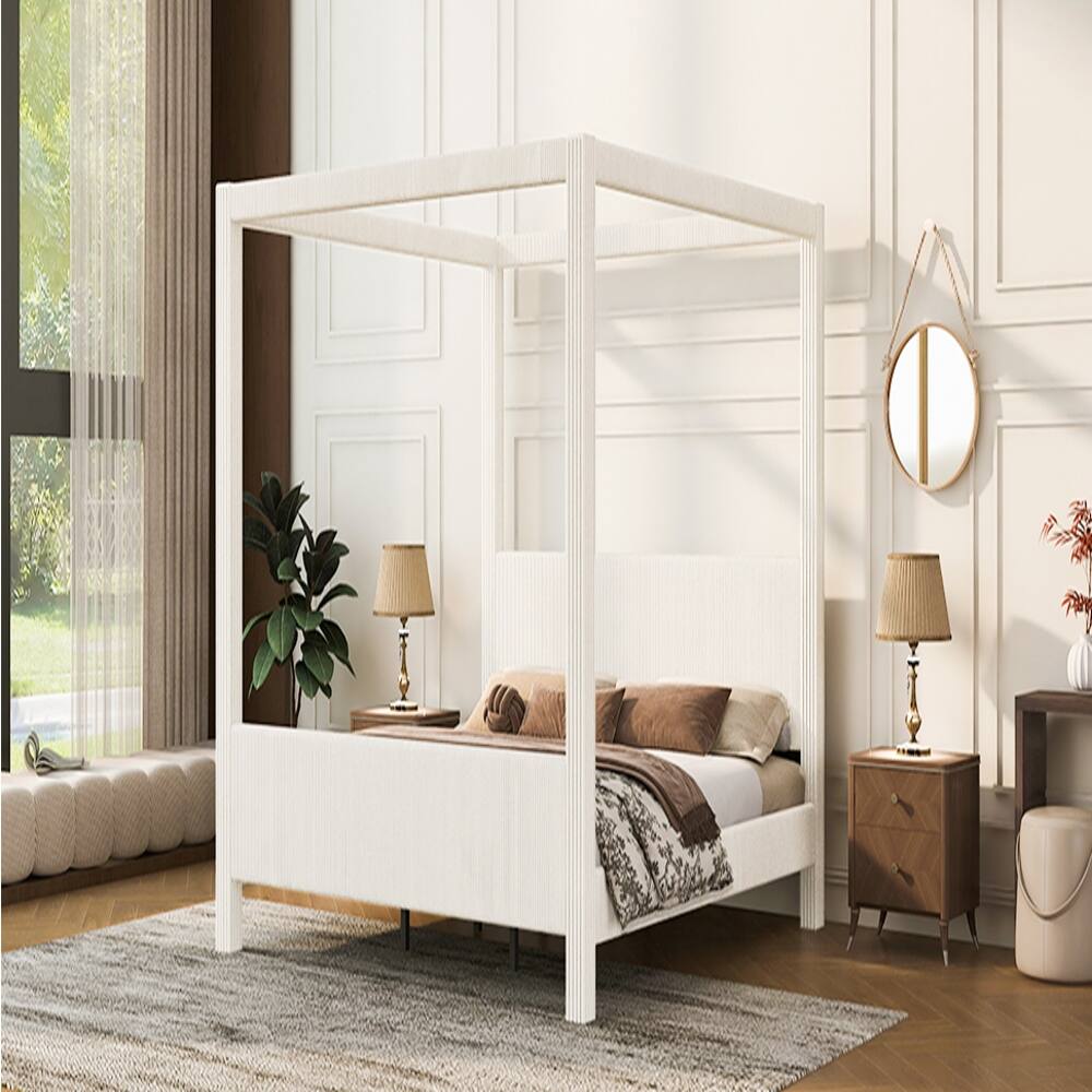 Alt View 2. Loheer - Loheer King Size Canopy Bed Upholstered Platform Bed Corduroy Beige - Beige.