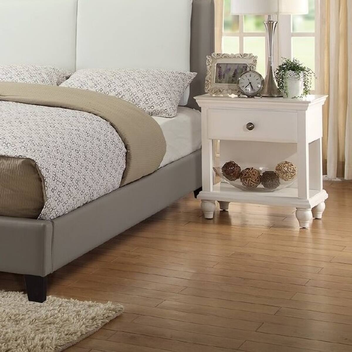 Left. Loheer - Loheer White Bedroom Nightstand with One Drawer and Open Shelf, 26 Inch Tall Wooden Bedside Table - White.