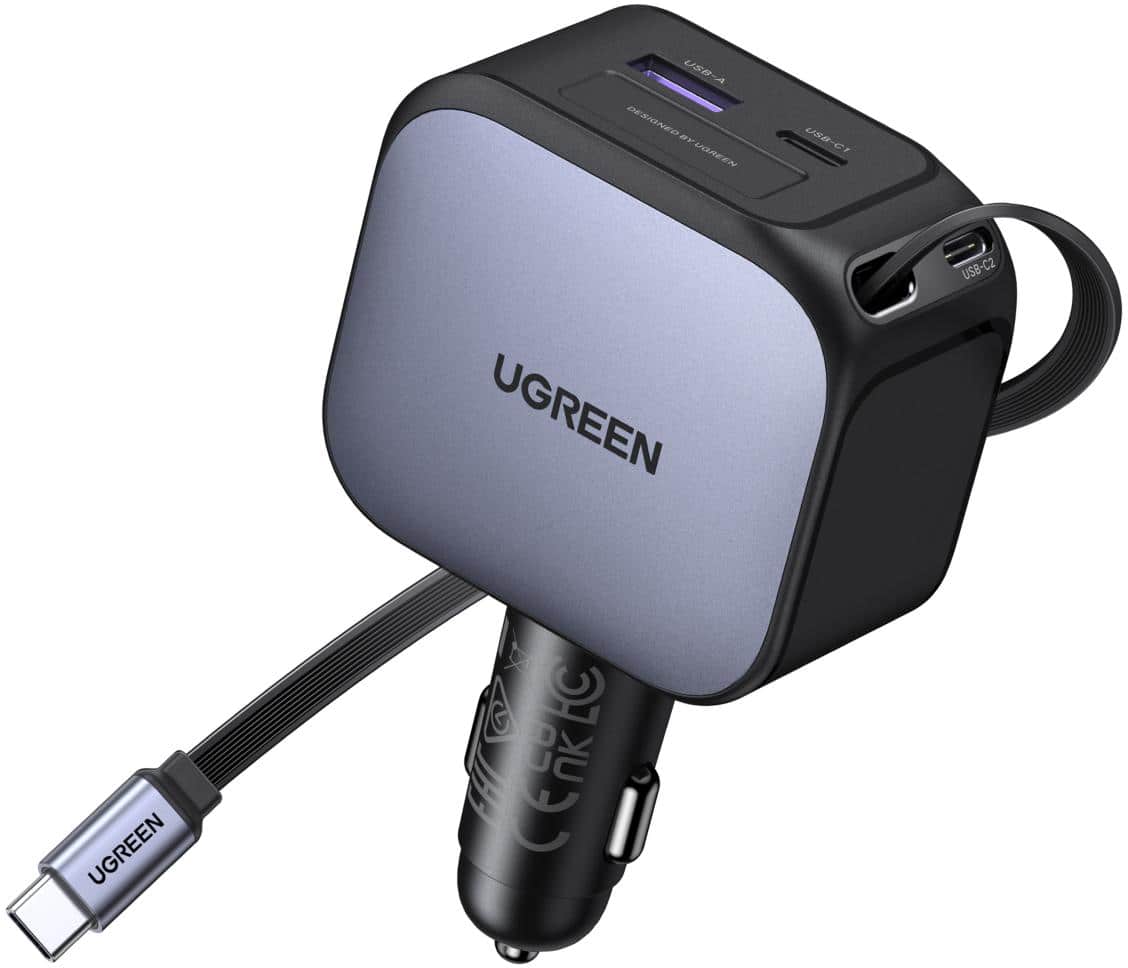 UGREEN - 145W 4-Port USB C Car Charger with Retractable Cable, 100W Power Delivery for Laptops, Smartphones - Black