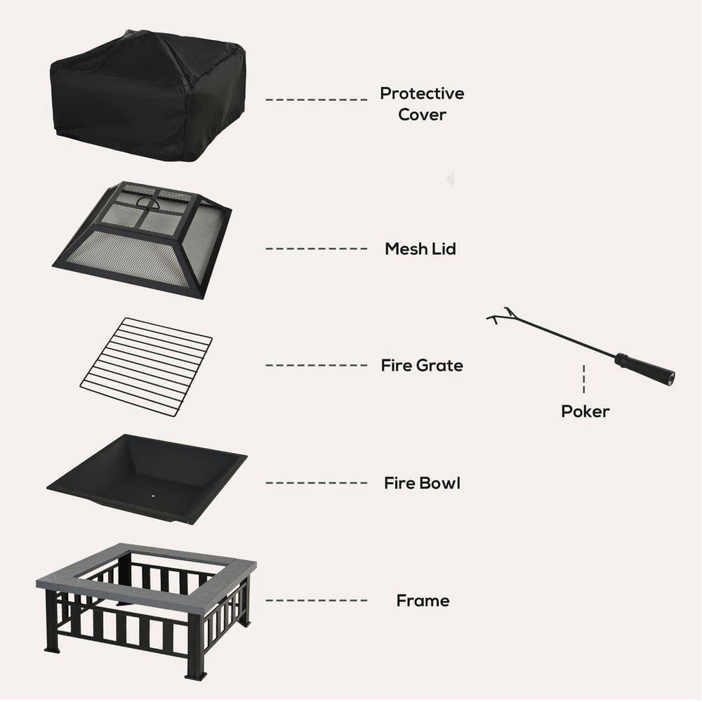 - Protective Cover
- Mesh Lid
- Fire Grate
- Fire Bowl
- Frame
- Poker