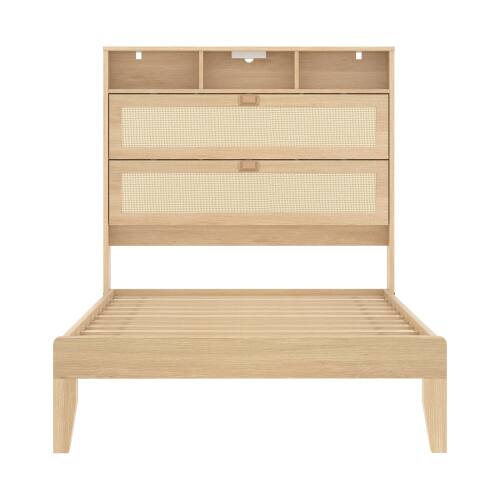 Alt View 1. Winado - Bed Frame with Storage Headboard and Charging Station, Rattan Platform Bed Wood Bed with Shelves, No Box Spring Needed - Natural,Twin Size.