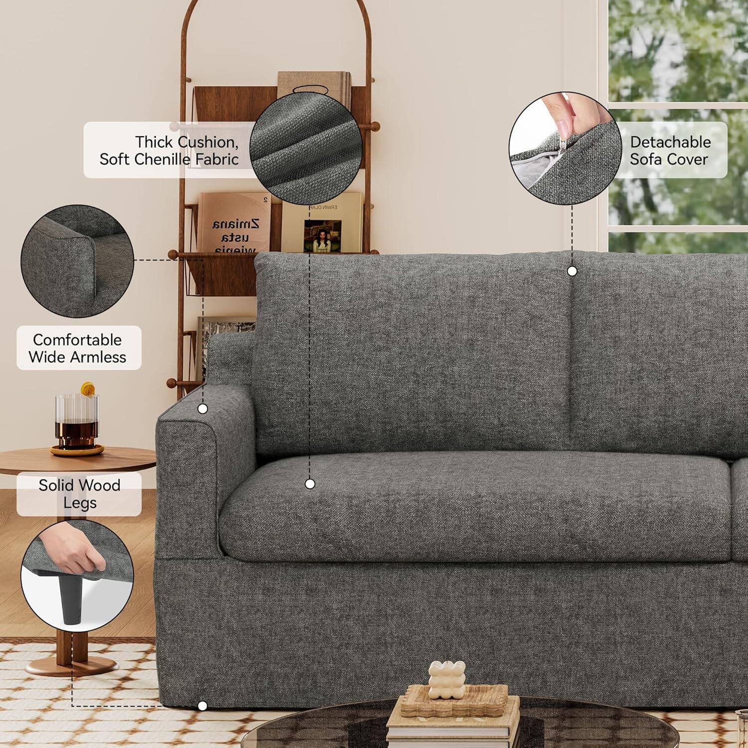 Thick Cushion, Soft Chenille Fabric, Detachable Sofa Cover, Comfortable, Wide Armless, Solid Wood Legs