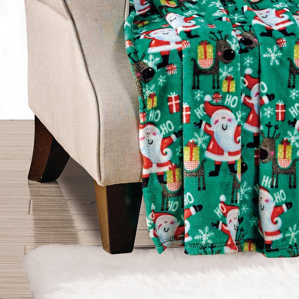 Alt View 2. Noble House - Plazatex Green Joyful Santa plush Decorative Christmas Machine Washable Throw 50" X 60" Green - Green.