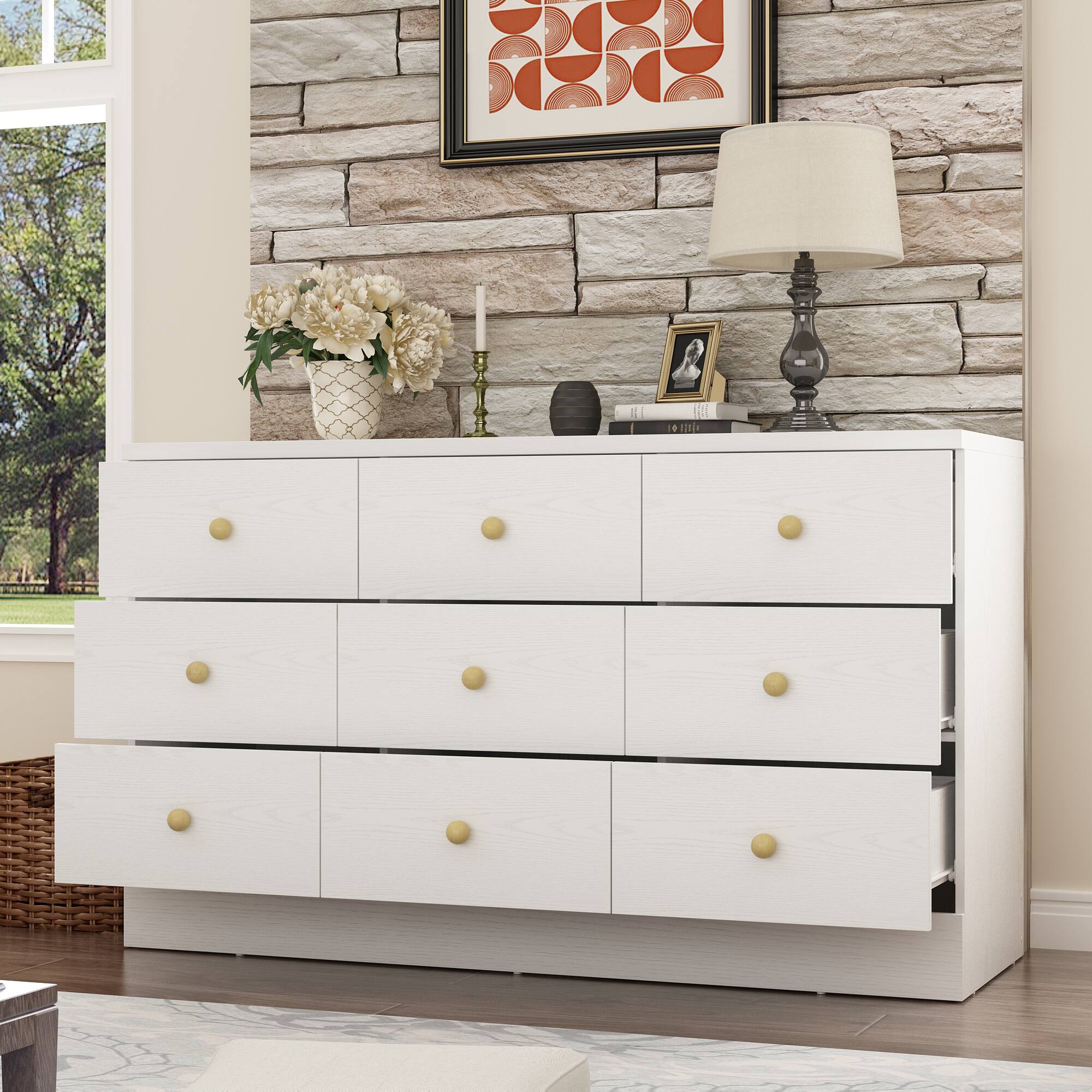 Angle. Famapy - Famapy Horizontal Dresser with Anti - Tip Feature & Solid Wood Handles - White.