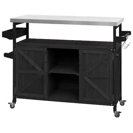 Front. Spaco - Spaco Outdoor Grill Cart, Teak Wood Cabinet, Stainless Steel Top, Rolling with Spice Rack Towel Rack for Patio Barbecue - Black.