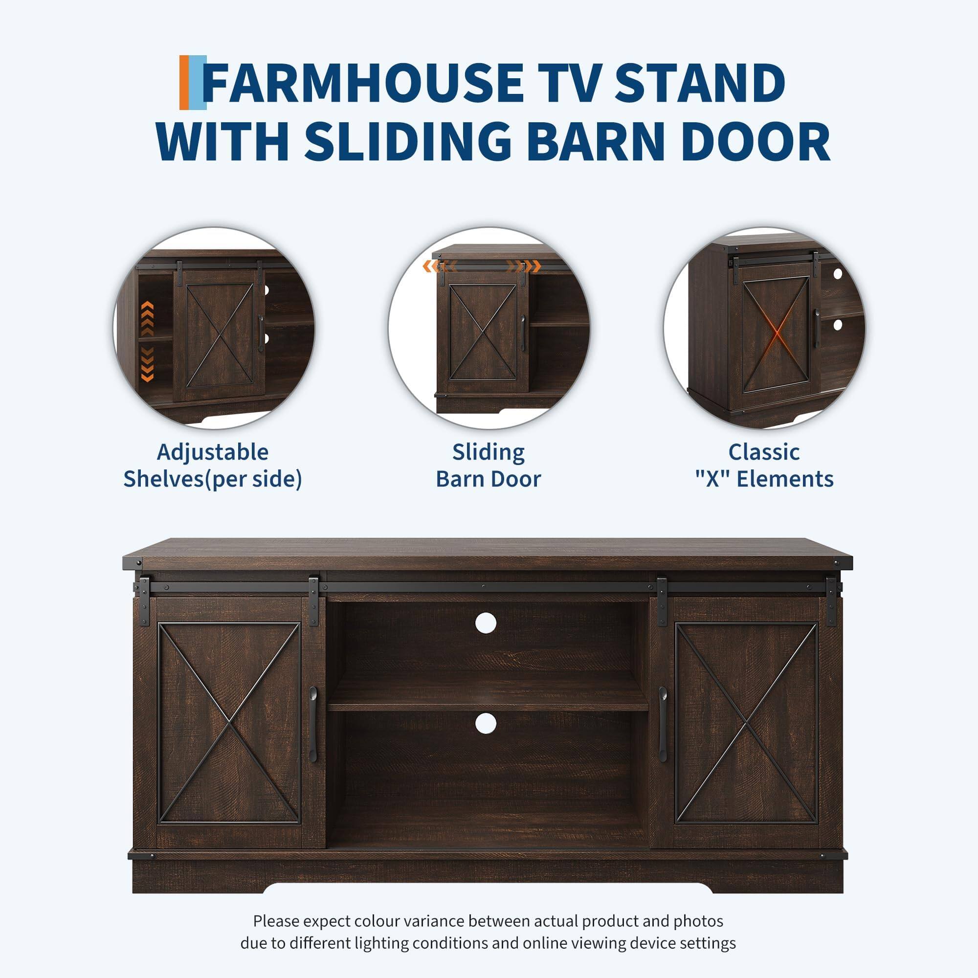 FARMHOUSE TV STAND WITH SLIDING BARN DOOR

- Adjustable Shelves (per side)
- Sliding Barn Door
- Classic "X" Elements

Please expect colour variance between actual product and photos due to different lighting conditions and online viewing device settings.