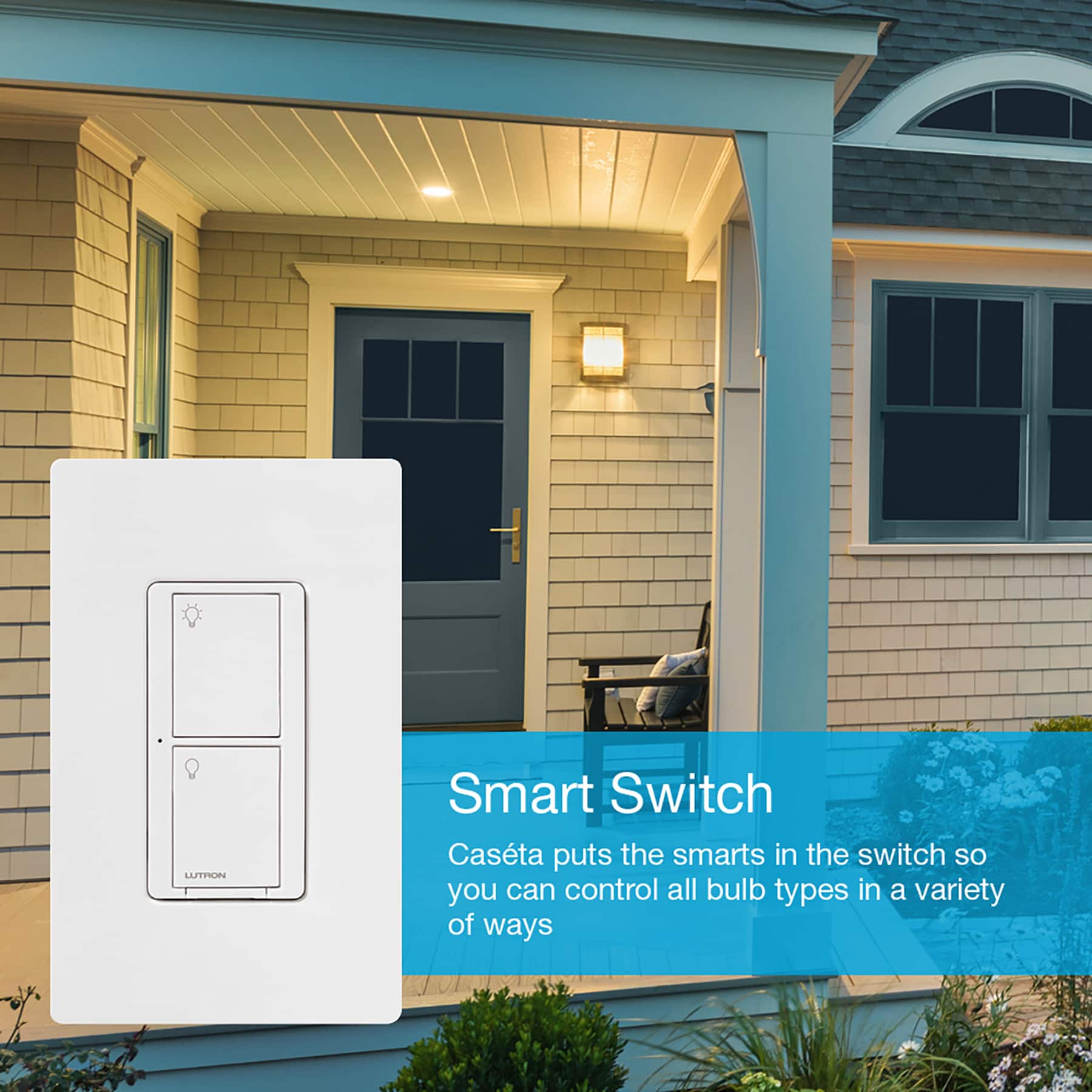 The text on the image reads: "Smart Switch - Casta puts the smarts in the switch so you can control all bulb types in a variety of ways."