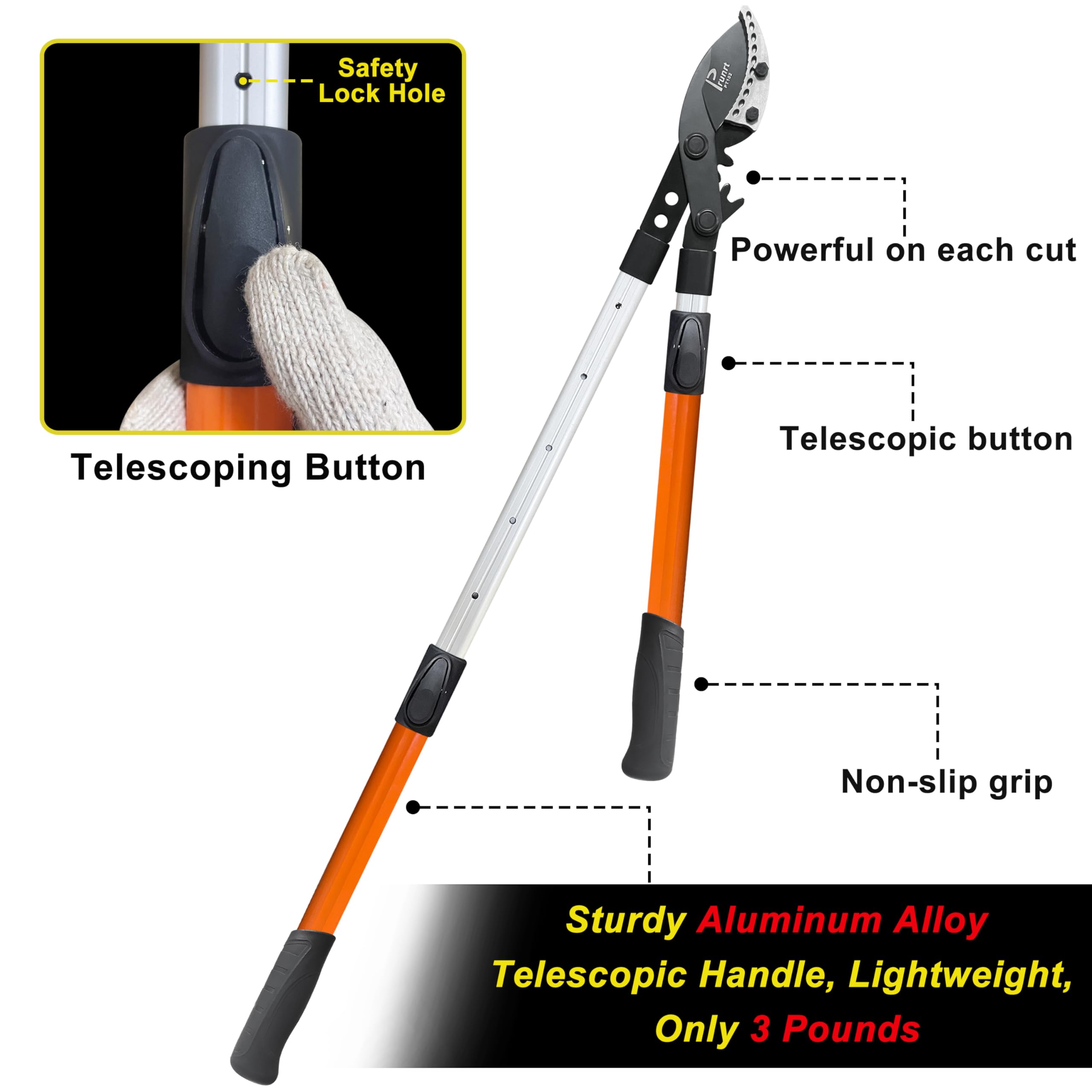 - Safety Lock Hole
- Telescoping Button
- Powerful on each cut
- Telescopic button
- Non-slip grip
- Sturdy Aluminum Alloy Telescopic Handle, Lightweight, Only 3 Pounds