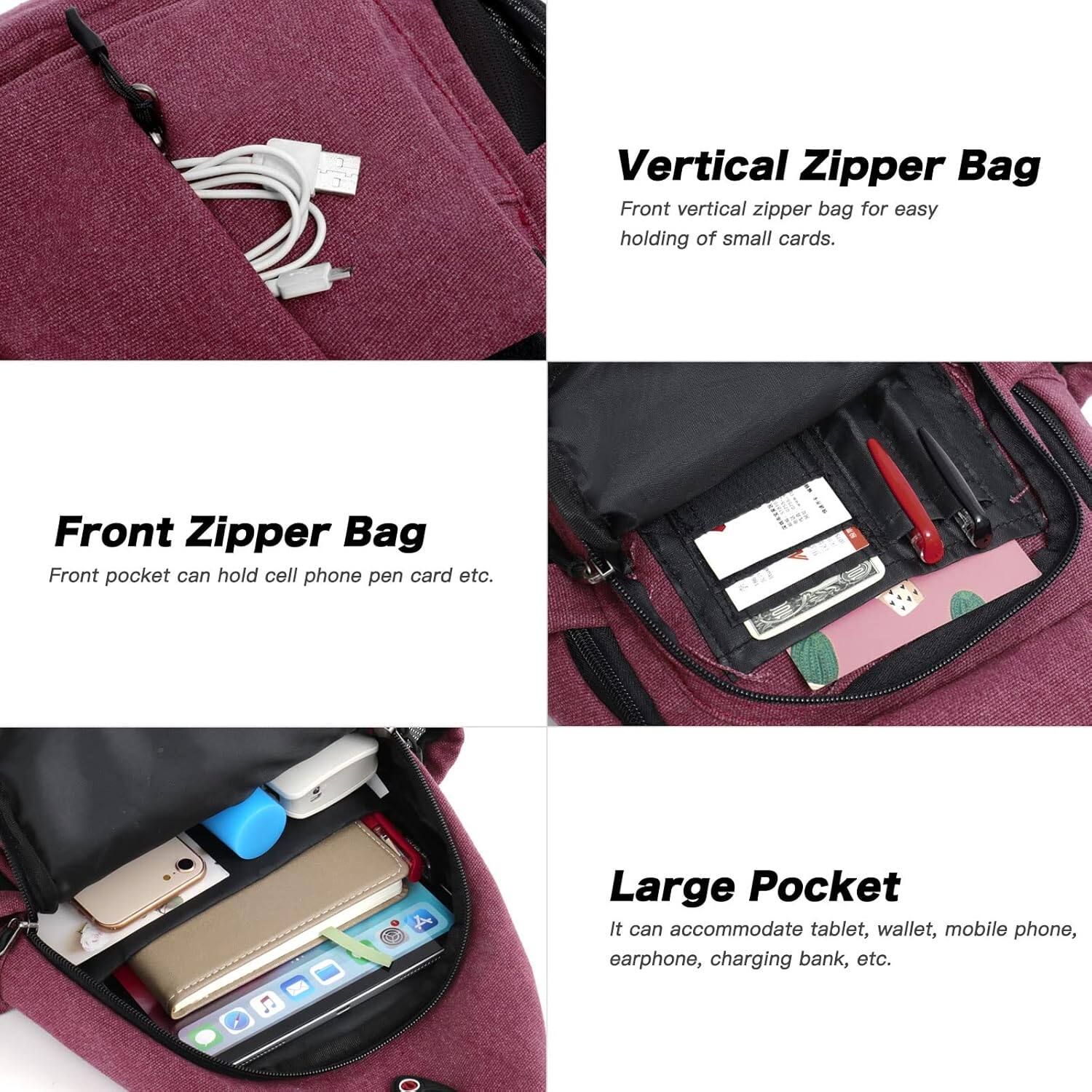 Vertical Zipper Bag  
Front vertical zipper bag for easy holding of small cards.

Front Zipper Bag  
Front pocket can hold cell phone, pen, card, etc.

Large Pocket  
It can accommodate tablet, wallet, mobile phone, earphone, charging bank, etc.