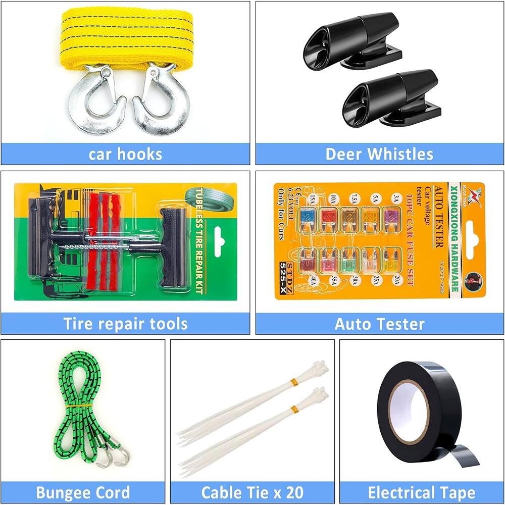 - Car Hooks
- Deer Whistles
- Tire Repair Tools
- Auto Tester
- Bungee Cord
- Cable Tie x 20
- Electrical Tape