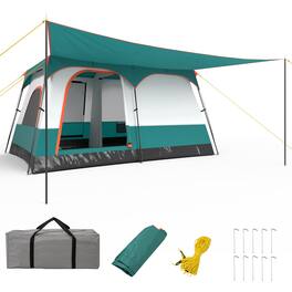 Gymax - 8-Person Camping Tent w/ Porch Large Family Cabin Tent w/ 2 Rooms 2 Doors - Green