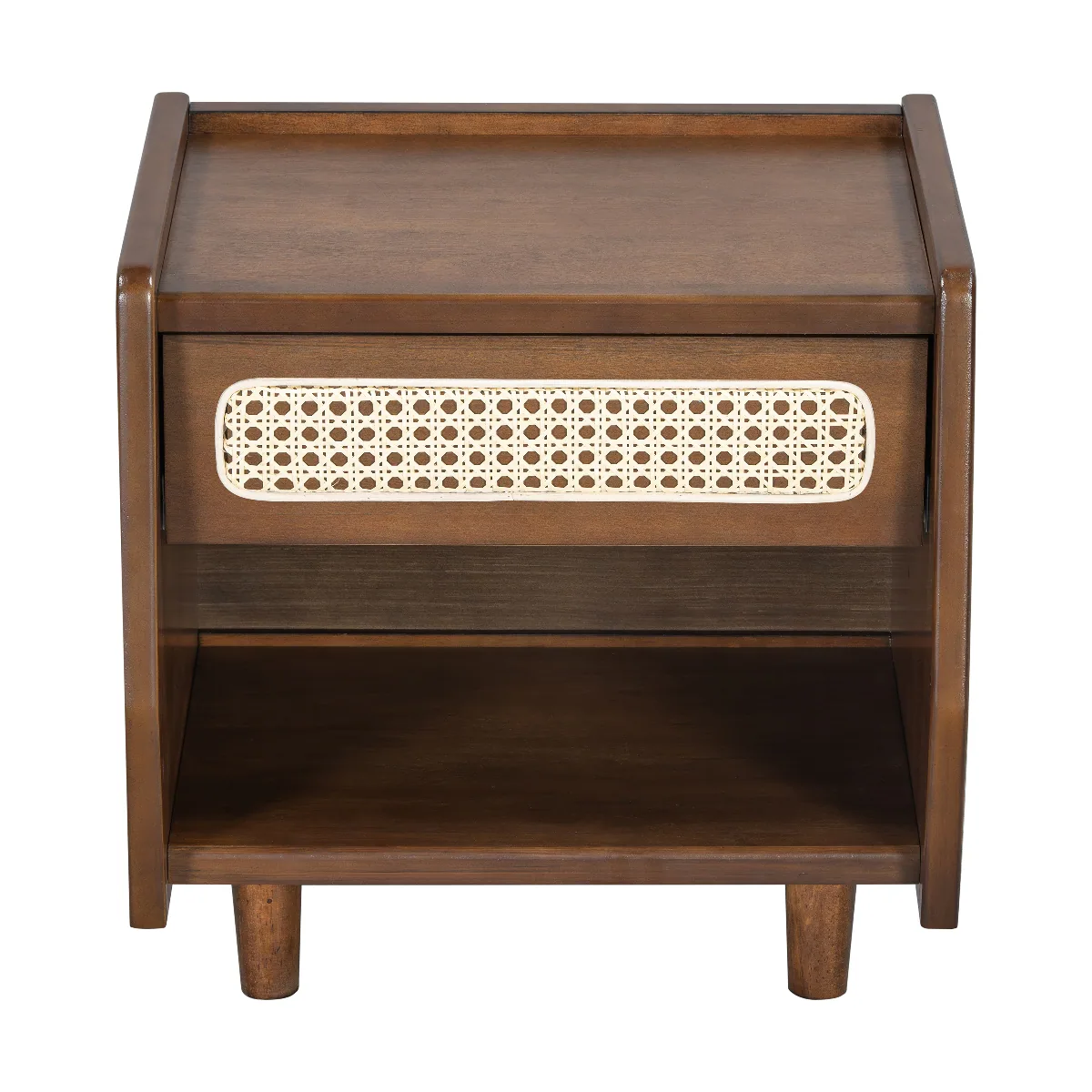 Alt View 1. Loheer - Loheer Walnut Nightstand with Rattan Detail, Open Shelf and Drawer, Modern Bedroom Storage - Walnut.